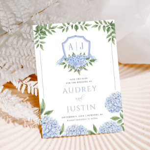 Blaues Hydrangea-Wappen Save the Date Einladung