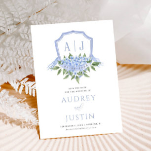 Blaues Hydrangea-Wappen Save the Date Einladung