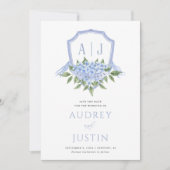 Blaues Hydrangea-Wappen Save the Date Einladung (Vorderseite)