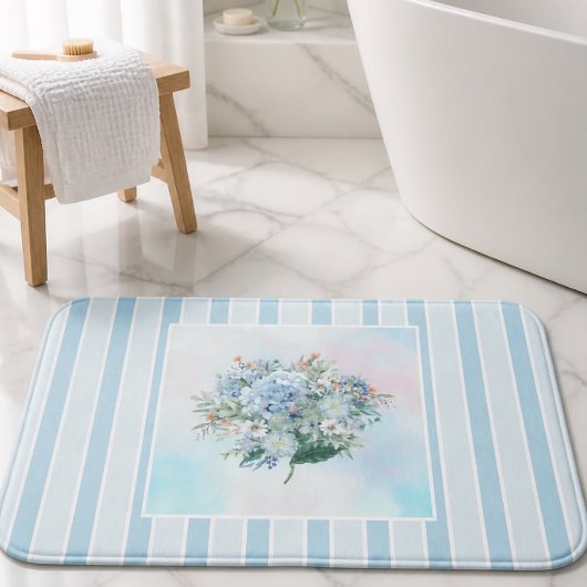 Blaues Hydrangea Wasserfarbe Streifen Badematte