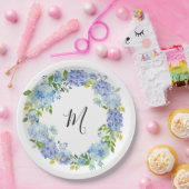 Blaues Hydrangea Wasserfarbenmonogramm Pappteller (Party)