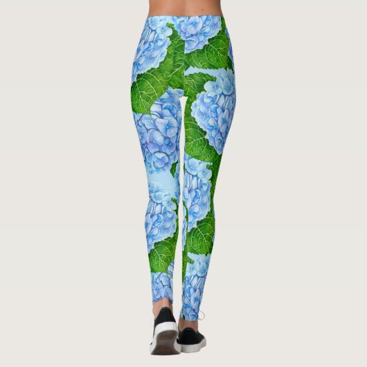 Blaues Hydrangea-Wasserfarbenmuster Leggings (Rückseite)