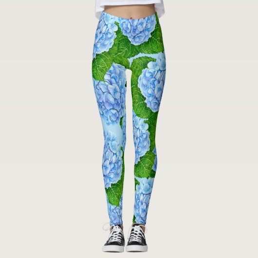 Blaues Hydrangea-Wasserfarbenmuster Leggings (Vorderseite)