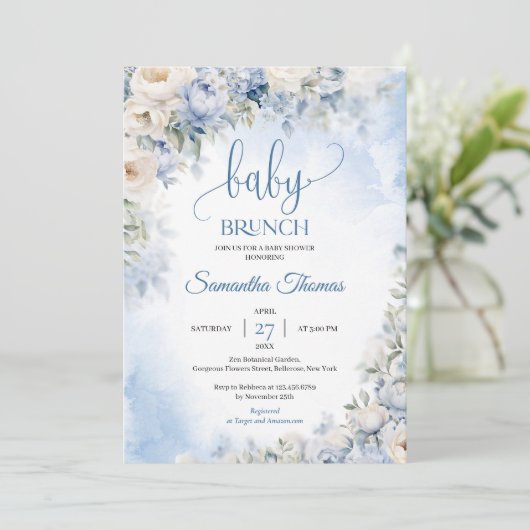 Blaues Hydrangea, weißes Rosengebäck Einladung (Stehend Vorderseite)