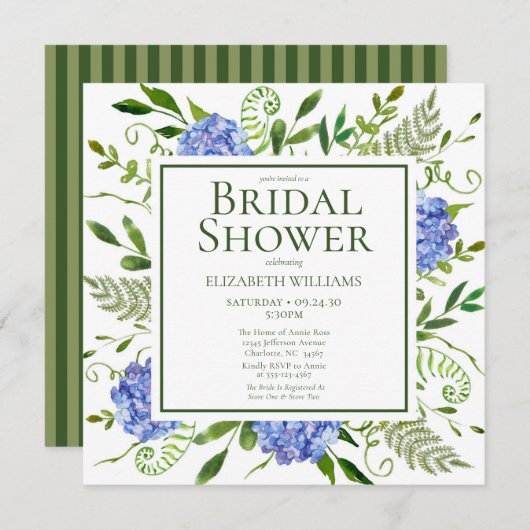 Blaues Hydrangeas-Brautparty Einladung (Vorne/Hinten)