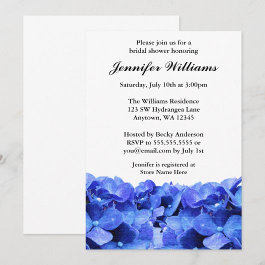 Blaues Hydrangeas-Brautparty Einladung (Vorne/Hinten)