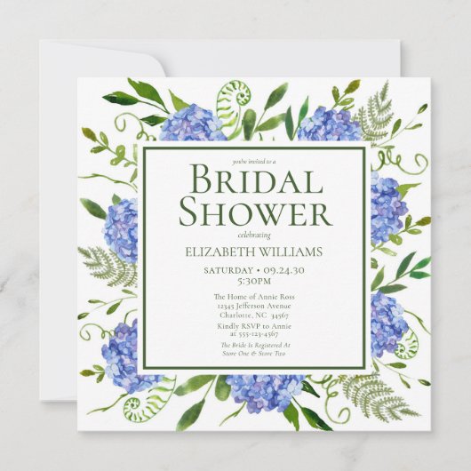 Blaues Hydrangeas-Brautparty Einladung (Vorderseite)