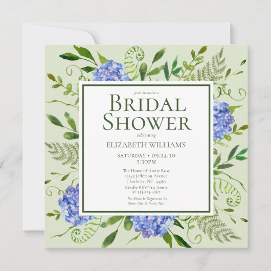 Blaues Hydrangeas-Brautparty Einladung (Vorderseite)