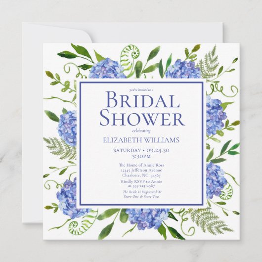 Blaues Hydrangeas-Brautparty Einladung (Vorderseite)