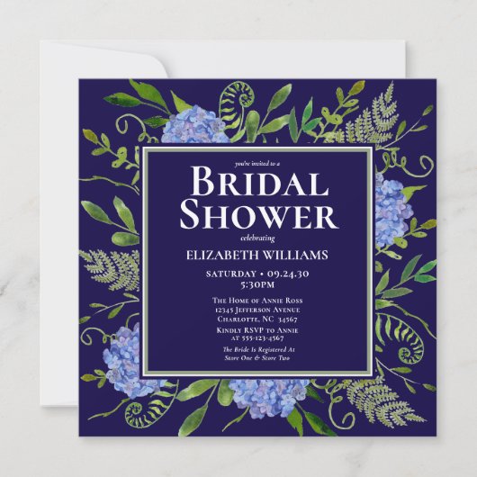 Blaues Hydrangeas-Brautparty Einladung (Vorderseite)