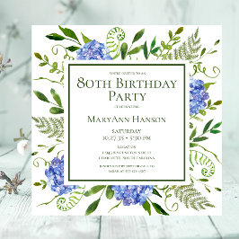Blaues Hydrangeas Floral Watercolor, 80. Geburtsta Einladung