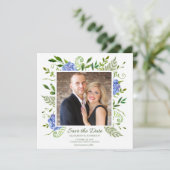 Blaues Hydrangeas-Foto Save The Date (Stehend Vorderseite)