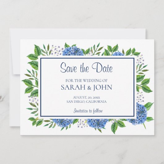 Blaues Hydrangeas-Foto Save the Date Einladung (Vorderseite)