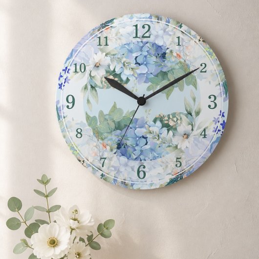 Blaues Hydrangee und florale Wasserfarbenwall-Uhr Große Wanduhr