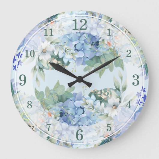 Blaues Hydrangee und florale Wasserfarbenwall-Uhr Große Wanduhr (Vorderseite)