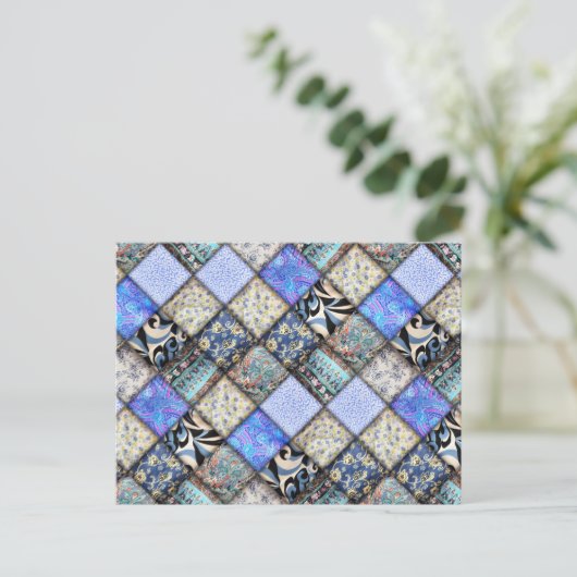 Blaues Imitat-Patchwork-Quiltmuster Postkarte (Stehend Vorderseite)