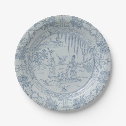 Blaues Imitat Porzellan Chinoiserie Weidenfluss Pappteller (Vorderseite)