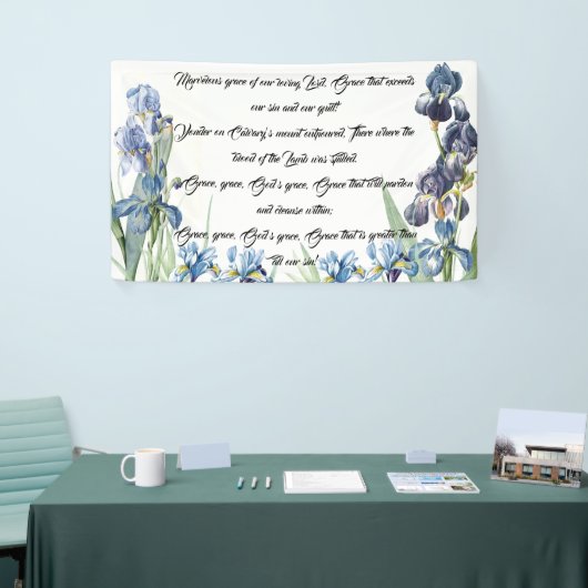 Blaues Iris-Blumen-Gott-Anmut-Lied-christliche Banner (Messeveranstaltung)