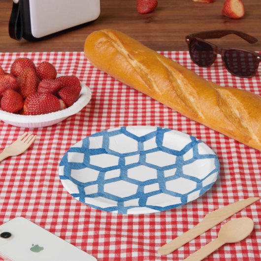 Blaues Japanisches Shibori-Polygon-Aquarellmuster Pappteller (Picknick)