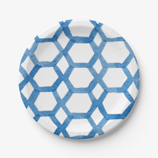 Blaues Japanisches Shibori-Polygon-Aquarellmuster Pappteller (Vorderseite)