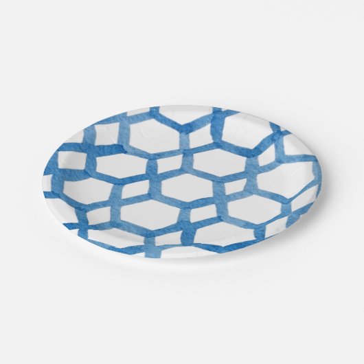 Blaues Japanisches Shibori-Polygon-Aquarellmuster Pappteller (Schrägansicht)