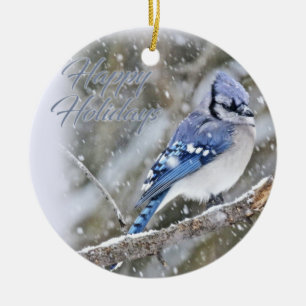 Blaues Jay im Schnee-Weihnachtsfeiertag Keramik Ornament