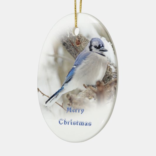 Blaues Jay im Winter-Schnee Keramikornament (Links)