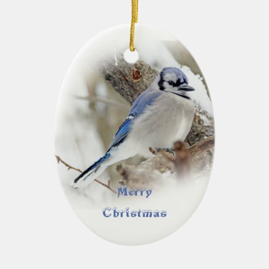Blaues Jay im Winter-Schnee Keramikornament (Vorne)