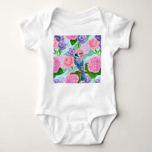 Blaues Jay- und Blume-Aquarellmuster Baby Strampler (Vorderseite)