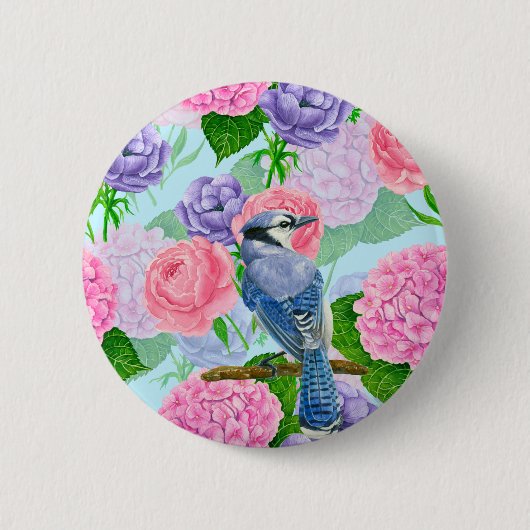 Blaues Jay- und Blume-Aquarellmuster Button (Vorderseite)