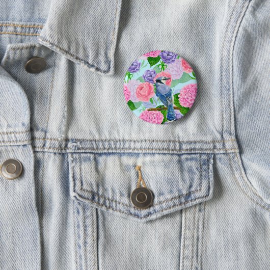 Blaues Jay- und Blume-Aquarellmuster Button (Beispiel)