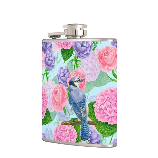 Blaues Jay- und Blume-Aquarellmuster Flachmann (Links)