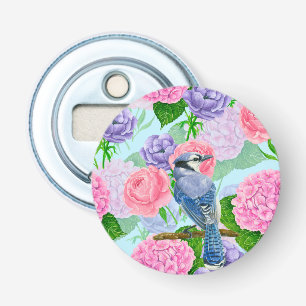 Blaues Jay- und Blume-Aquarellmuster Flaschenöffner