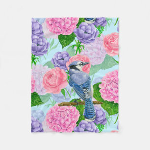 Blaues Jay- und Blume-Aquarellmuster Fleecedecke