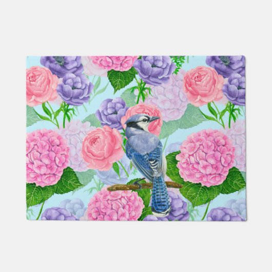 Blaues Jay- und Blume-Aquarellmuster Fußmatte (Vorderseite)