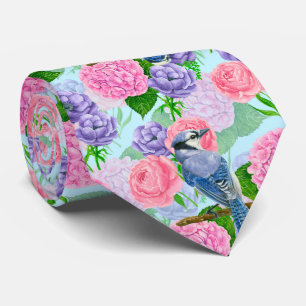Blaues Jay- und Blume-Aquarellmuster Krawatte