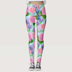 Blaues Jay- und Blume-Aquarellmuster Leggings