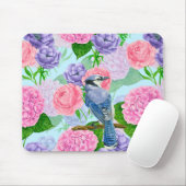 Blaues Jay- und Blume-Aquarellmuster Mousepad (Mit Mouse)