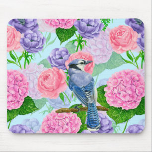 Blaues Jay- und Blume-Aquarellmuster Mousepad