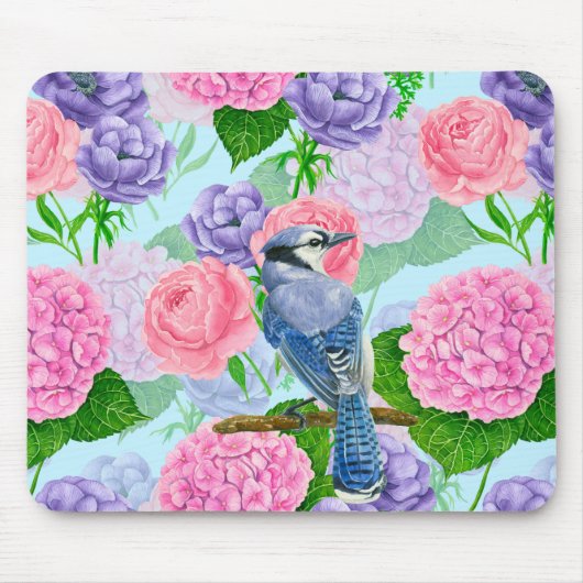 Blaues Jay- und Blume-Aquarellmuster Mousepad (Vorne)