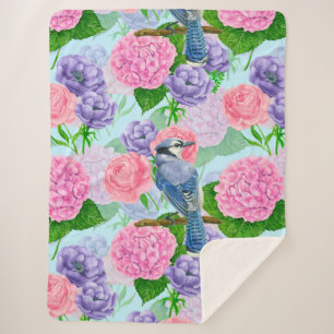 Blaues Jay- und Blume-Aquarellmuster Sherpadecke