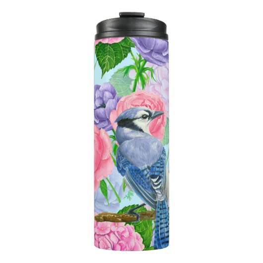 Blaues Jay- und Blume-Aquarellmuster Thermosbecher (Vorderseite)