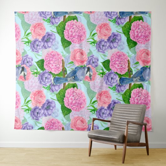 Blaues Jay- und Blume-Aquarellmuster Wandteppich (Beispiel (Horizontal))