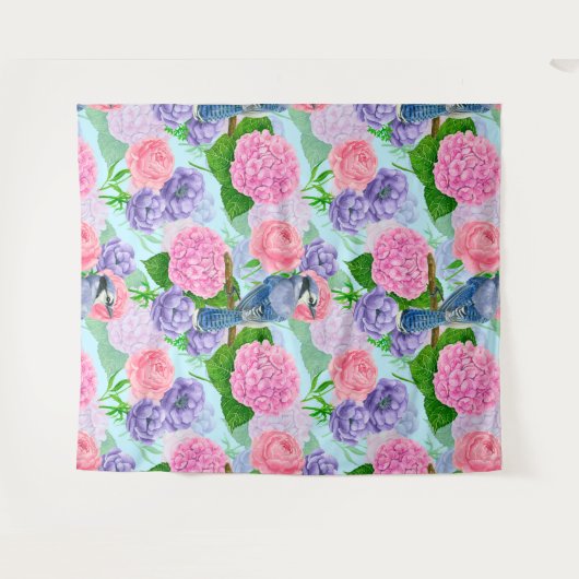 Blaues Jay- und Blume-Aquarellmuster Wandteppich (Vorderseite (Horizontal))