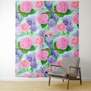 Blaues Jay- und Blume-Aquarellmuster Wandteppich