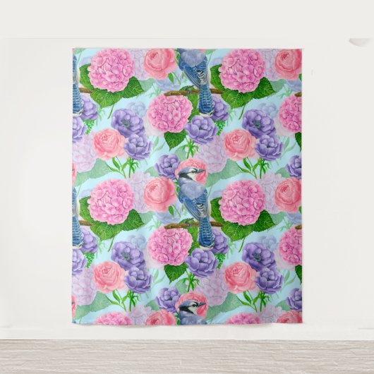 Blaues Jay- und Blume-Aquarellmuster Wandteppich (Vorderseite)