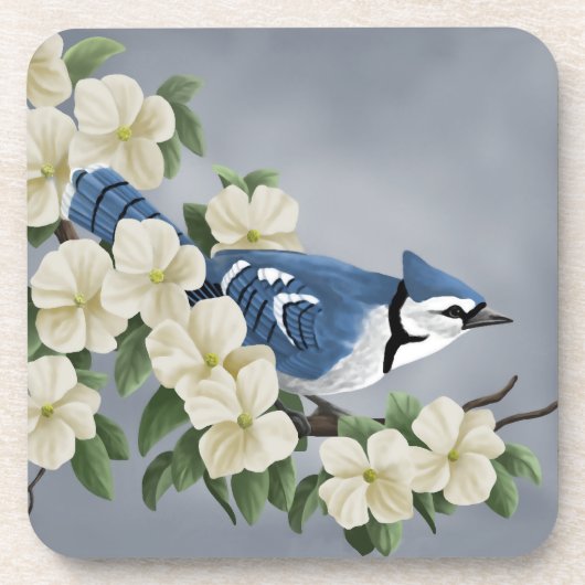 Blaues Jay unter Blumen Untersetzer (Vorderseite)