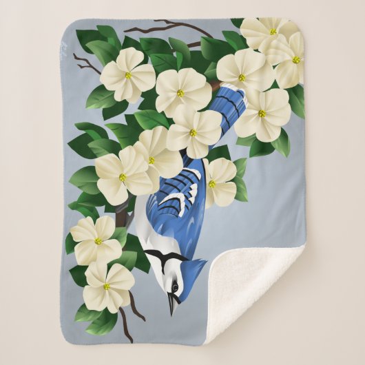 Blaues Jay unter Hartriegel-Blumen Sherpadecke (Vorderseite)