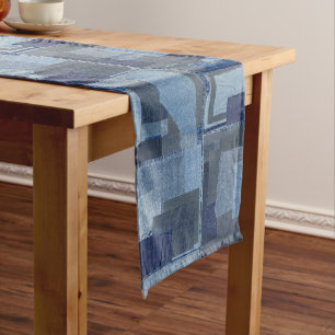 Blaues Jean Patchwork-Denim Shibori Boro Boro Mittelgroßer Tischläufer