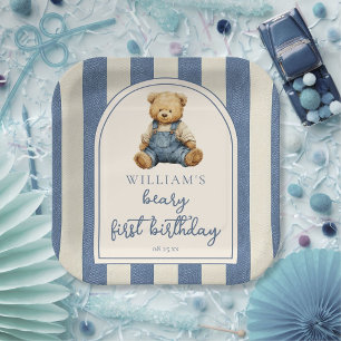 Blaues Jeans-Denim-Teddybär 1. Geburtstag Pappteller